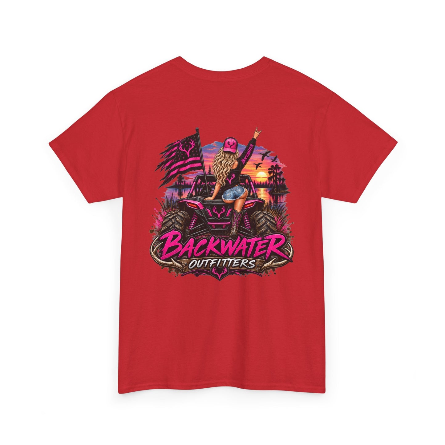 Backwater Outfitters Graphic Tee — Retro Sunset Fishing ATV Shirt