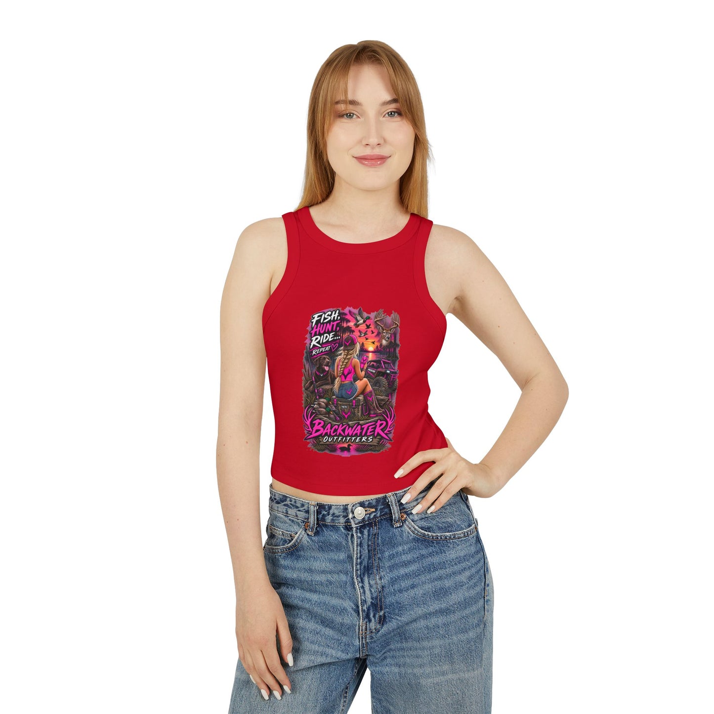 Backwater Outfitters Fish Hunt Ride Tank — Women's Graphic Racer Crop Top