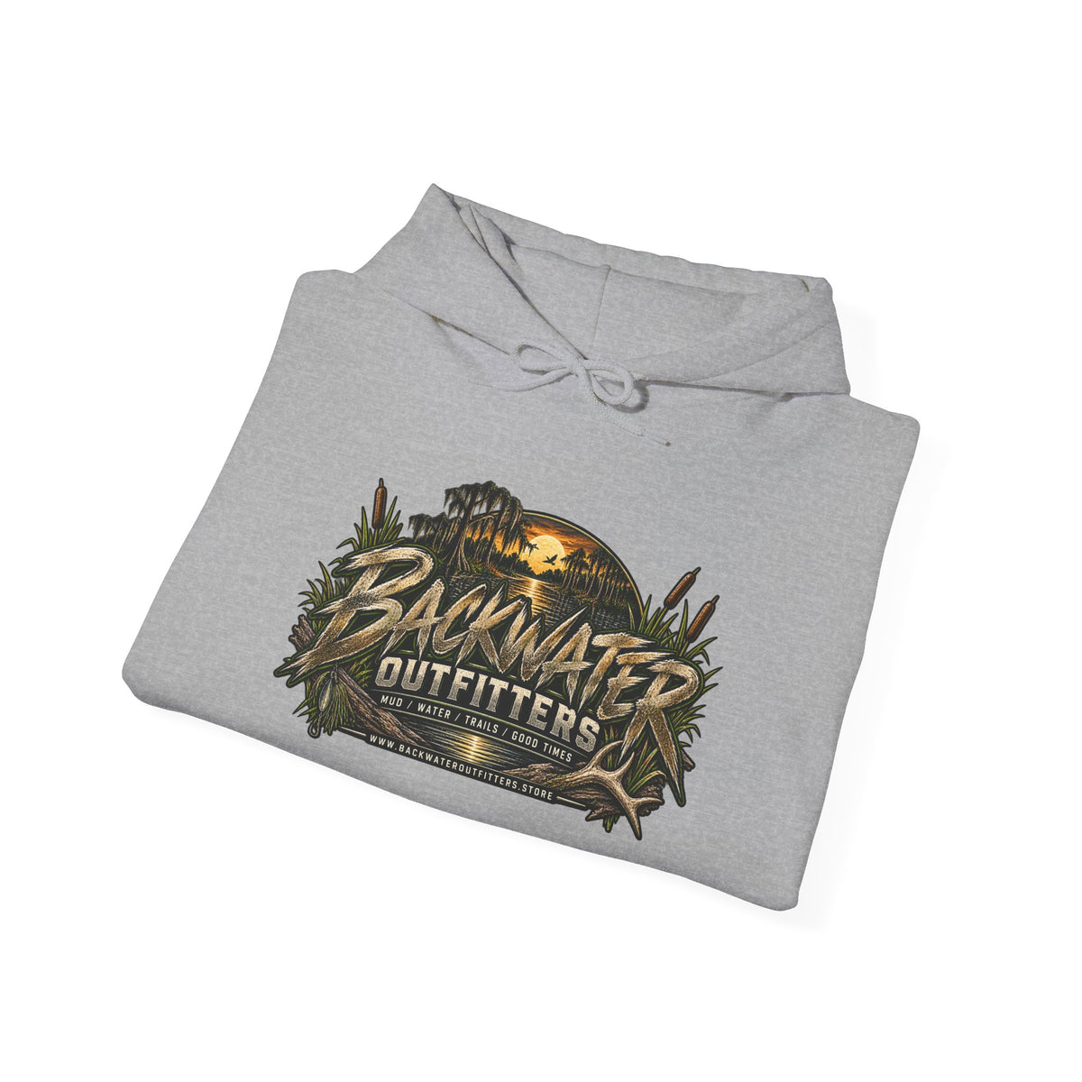 Simply Backwater Outfitters Hoodie — Outdoor Fishing Sunset Graphic Pullover Printify