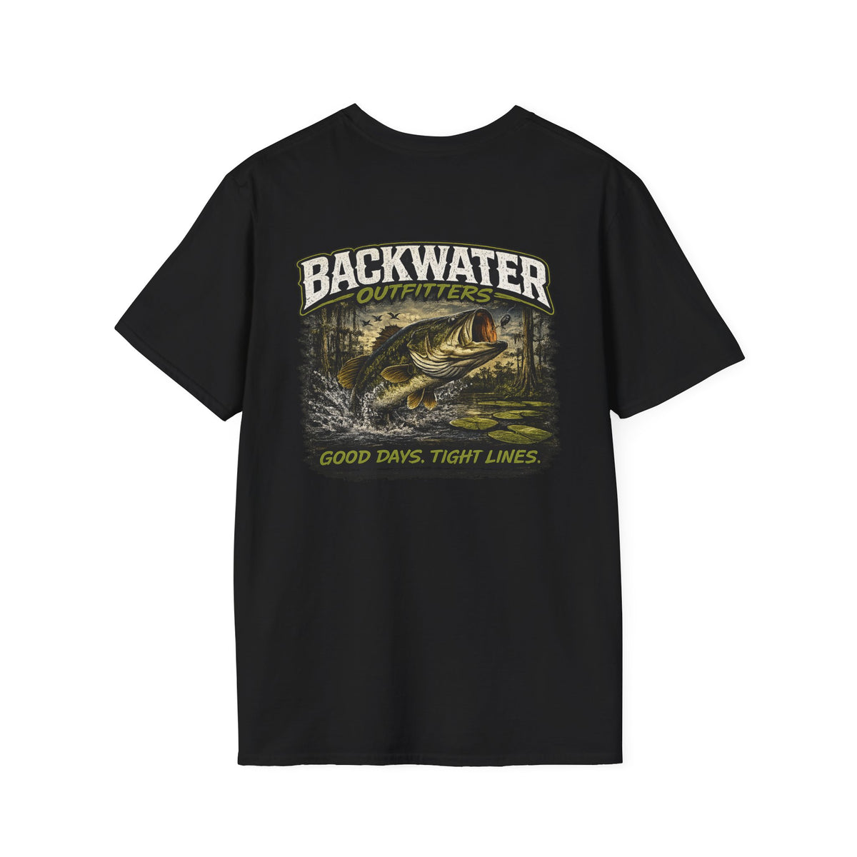 Backwater Outfitters Retro Bass Fishing Logo T-Shirt Printify