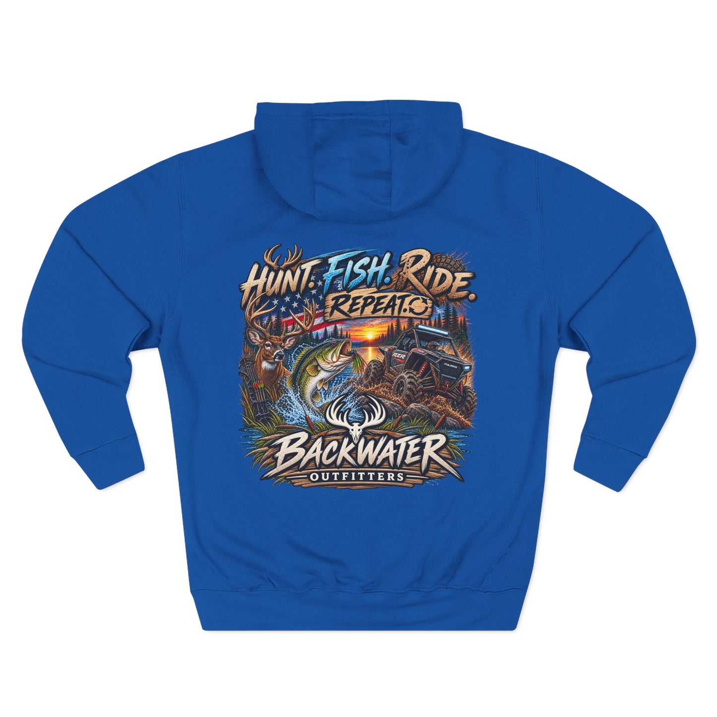 Backwater Outfitters Hoodie — "Hunt Fish Ride Repeat" Outdoor Graphic Pullover