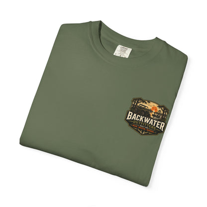 Backwater Outfitters Sunset Canoe T-Shirt — "Built for Mud. Water. Woods."