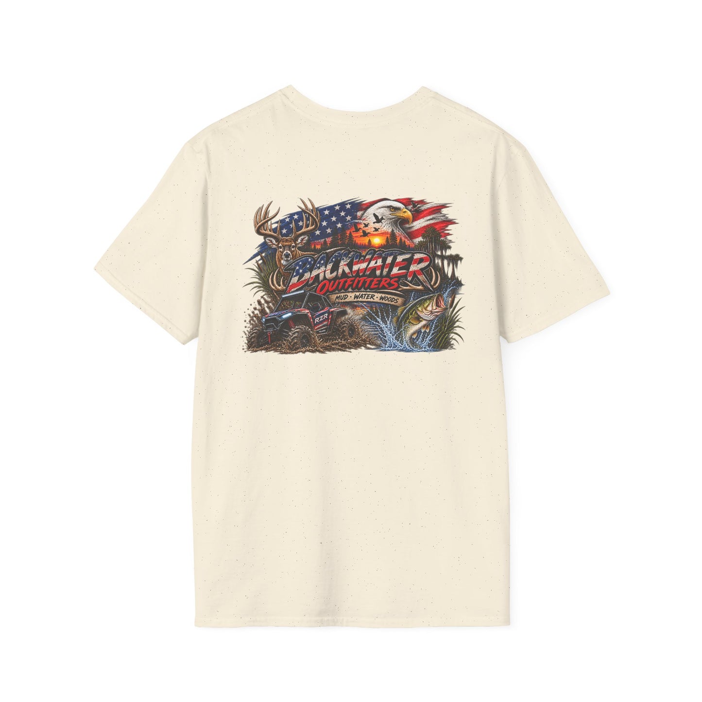 Backwater Outfitters Fishing T-Shirt — American Flag Bass Graphic