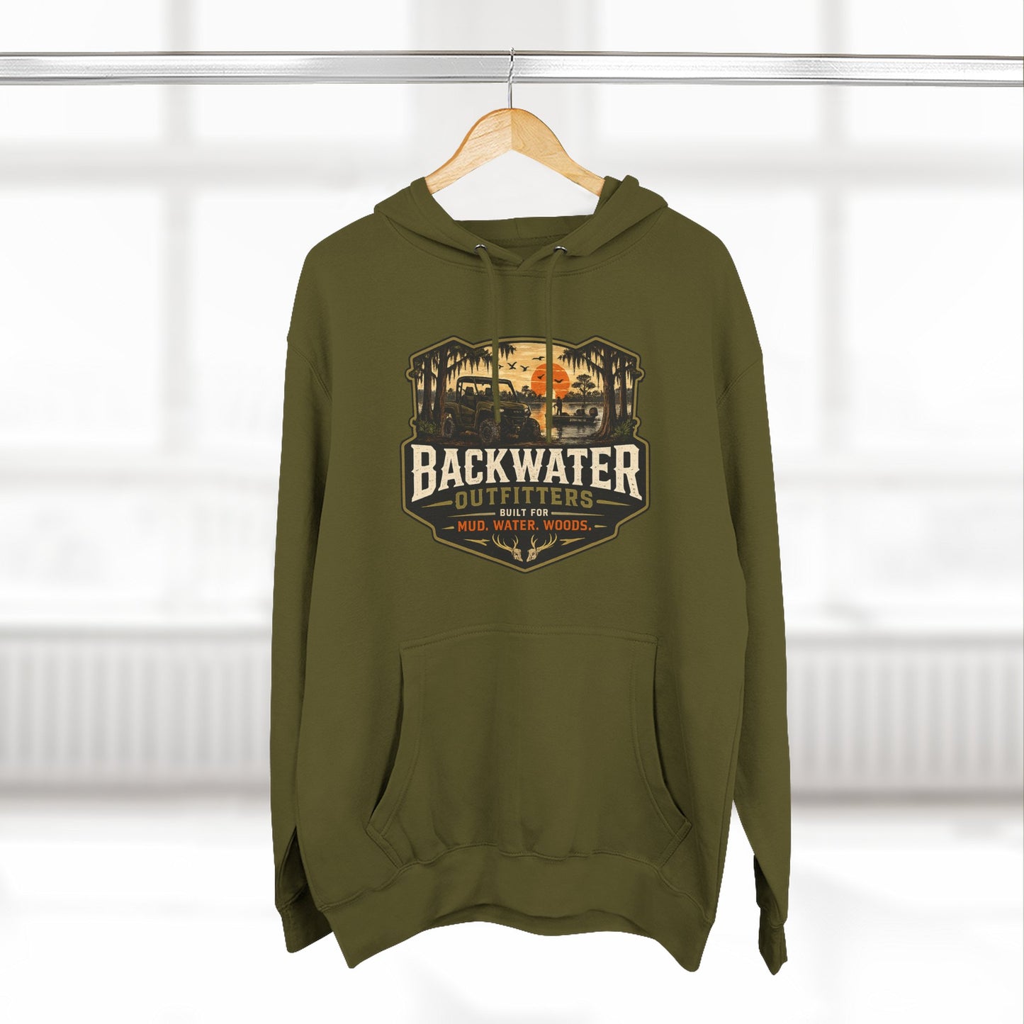 Backwater Outfitters Fishing Hoodie — “My Retirement Plan Has a Trolling Motor” Graphic