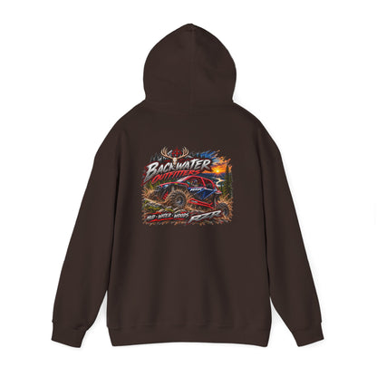 Backwater Outfitters Hoodie — American Flag Outdoor Fishing & Off-Road Pullover Printify