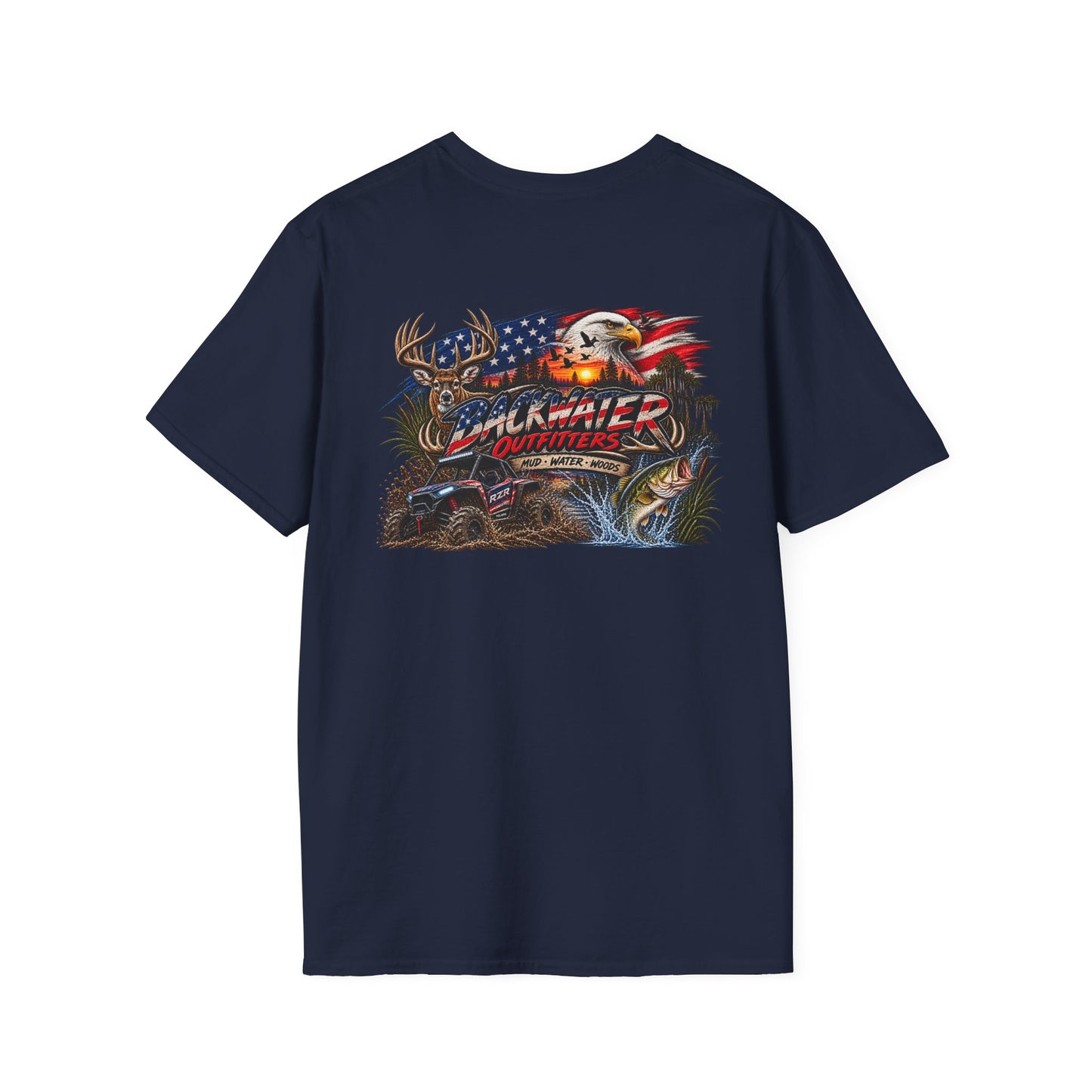 Backwater Outfitters Fishing T-Shirt — American Flag Bass Graphic