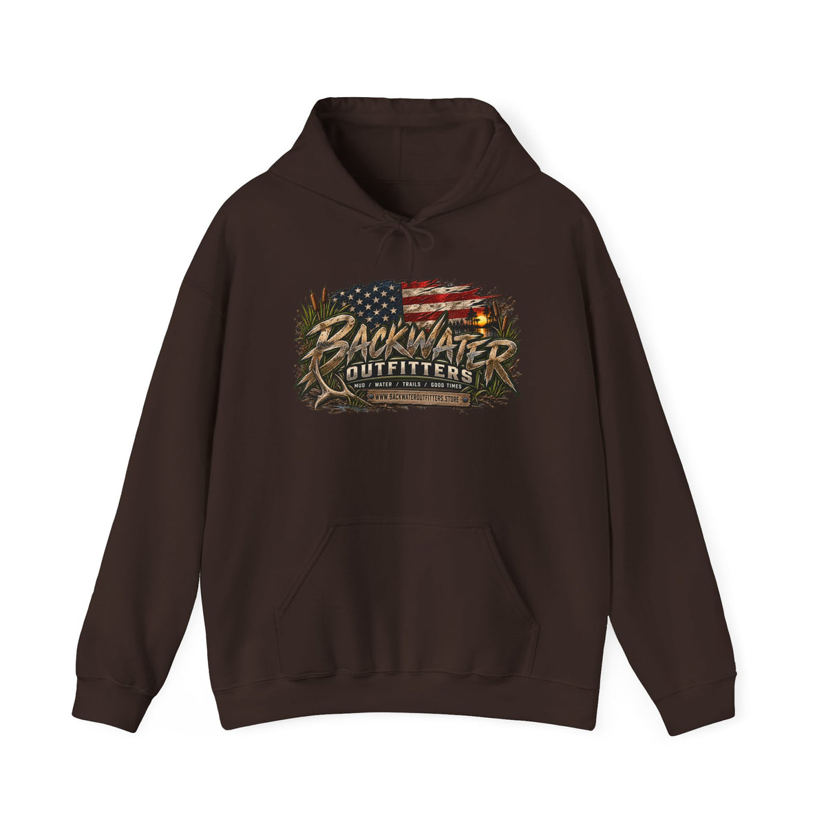 Backwater Outfitters Hoodie — American Flag Outdoor Fishing & Off-Road Pullover Printify