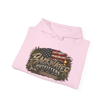 Backwater Outfitters Hoodie — American Flag Outdoor Fishing & Off-Road Pullover Printify
