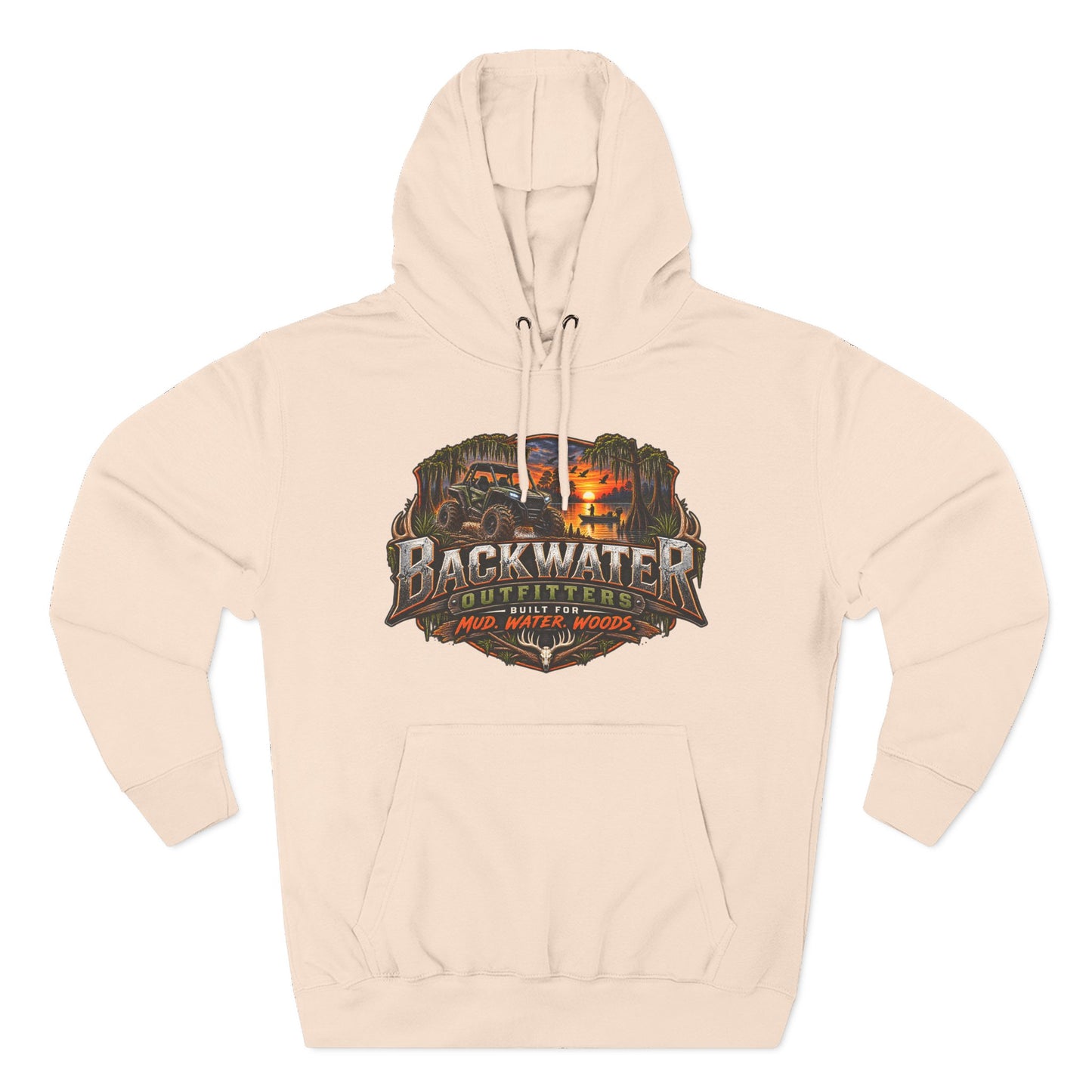Backwater Outfitters Hoodie — "Hunt Fish Ride Repeat" Outdoor Graphic Pullover