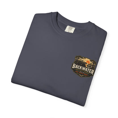 Backwater Outfitters Sunset Canoe T-Shirt — "Built for Mud. Water. Woods."