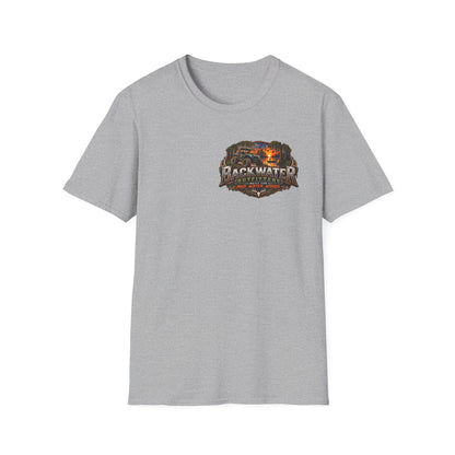 Backwater Outfitters Fishing T-Shirt — Rustic Boat & Campfire Graphic