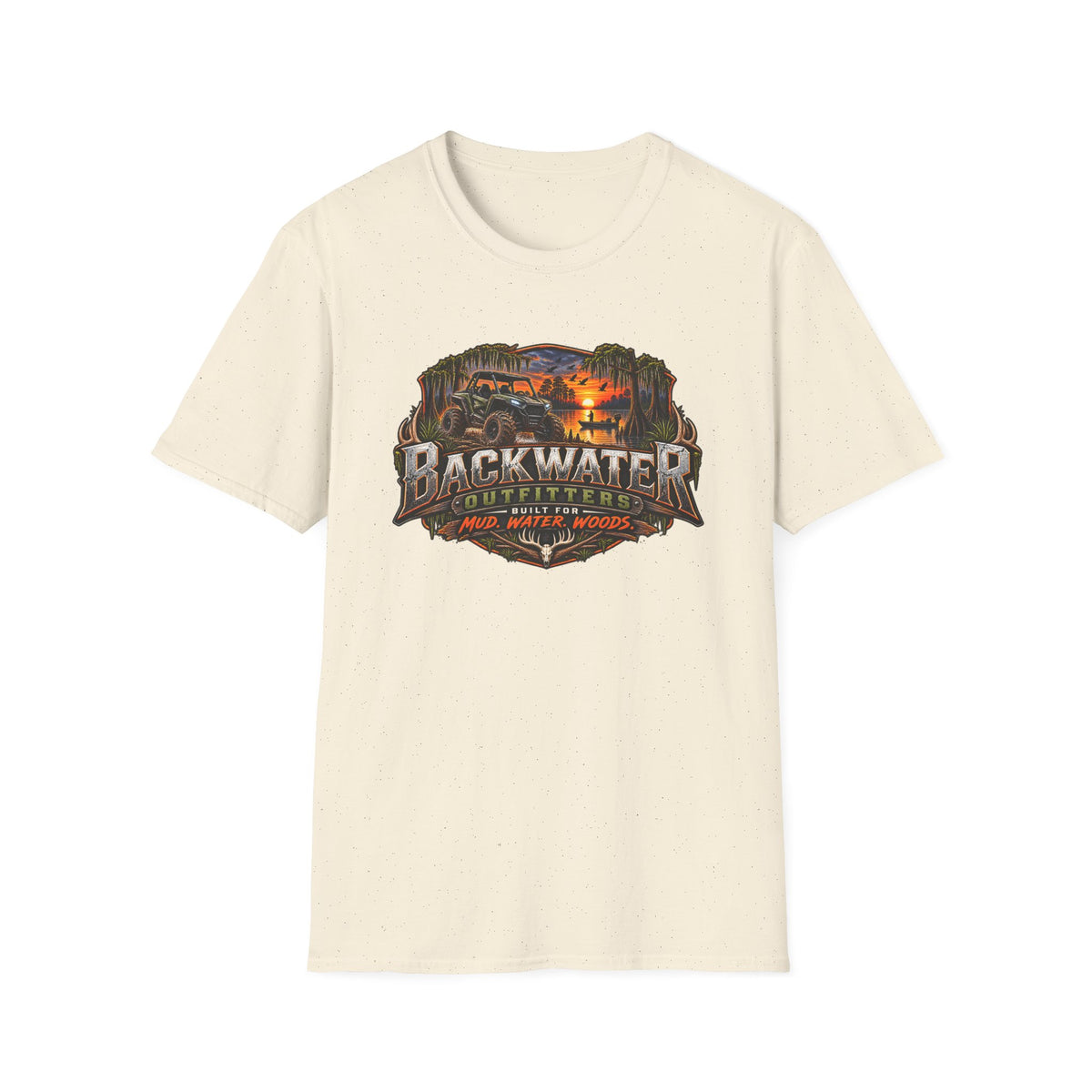 Backwater Outfitters Fishing T‑Shirt — "Raised on Backwater" Bass & Sunset Graphic Printify
