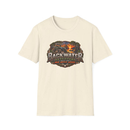 Backwater Outfitters Fishing T‑Shirt — "Raised on Backwater" Bass & Sunset Graphic Printify