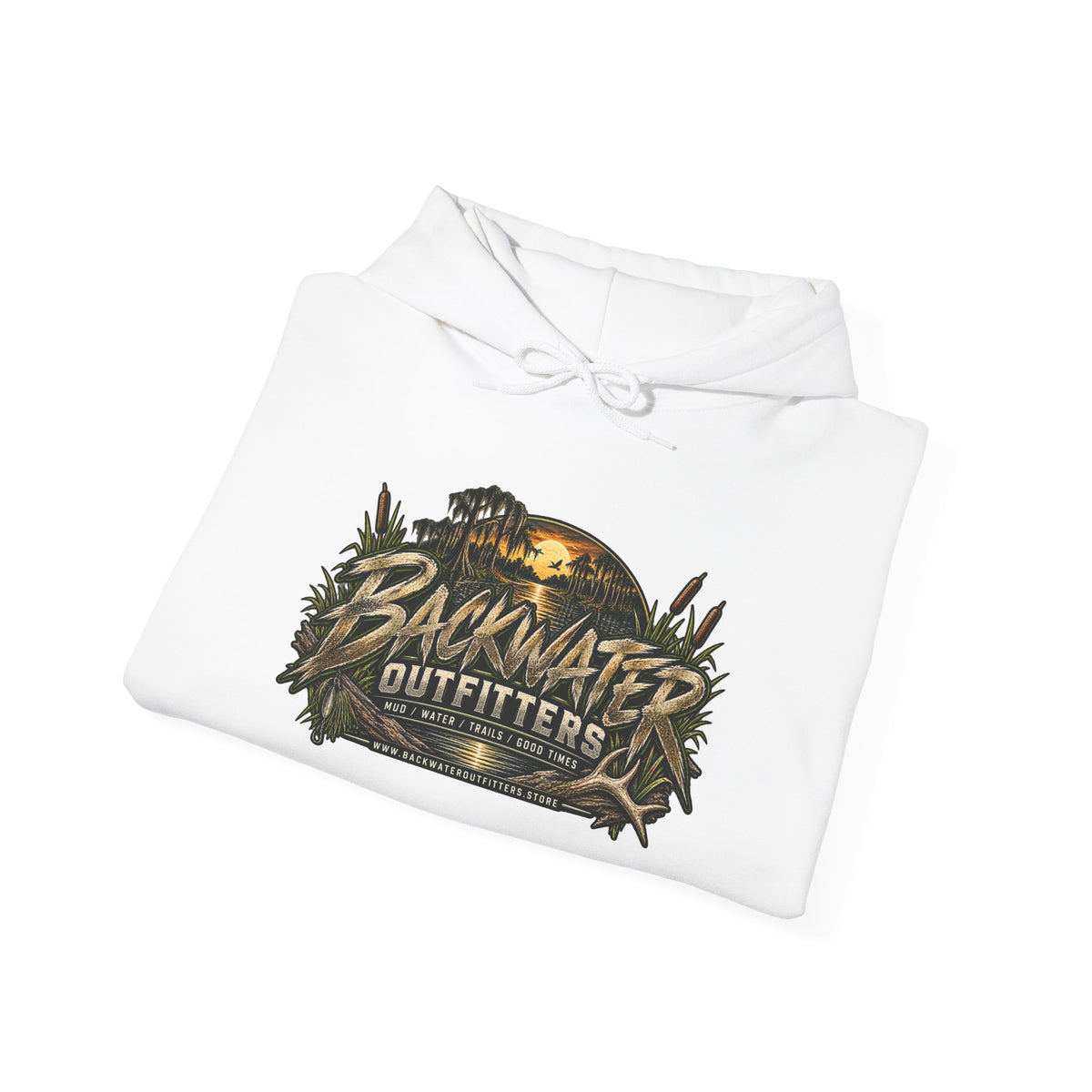 Simply Backwater Outfitters Hoodie — Outdoor Fishing Sunset Graphic Pullover Printify