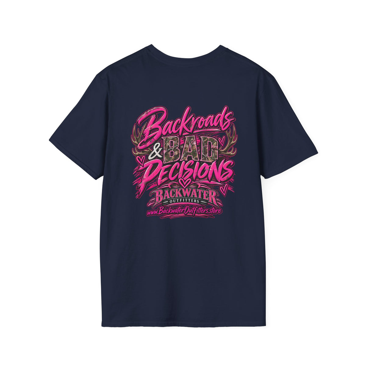 Women T-Shirt — "Backwater & Bad Decisions" Graphic Tee (Pink Palm Beach Vibes) Printify
