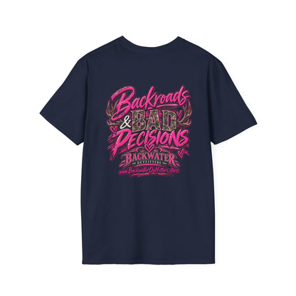 Women T-Shirt — "Backwater & Bad Decisions" Graphic Tee (Pink Palm Beach Vibes) Printify