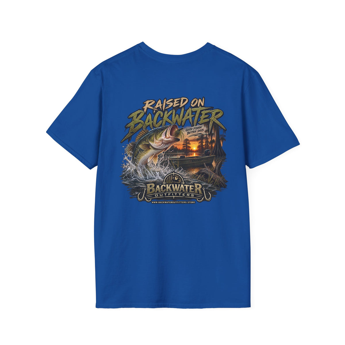 Backwater Outfitters Fishing T‑Shirt — "Raised on Backwater" Bass & Sunset Graphic Printify