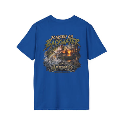 Backwater Outfitters Fishing T‑Shirt — "Raised on Backwater" Bass & Sunset Graphic Printify