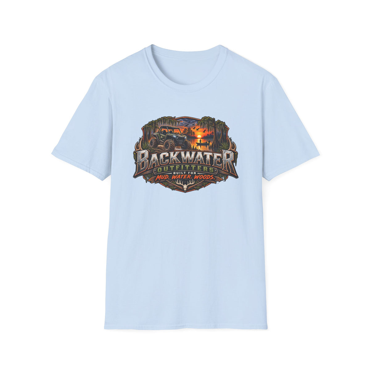 Backwater Outfitters Fishing T‑Shirt — "Raised on Backwater" Bass & Sunset Graphic Printify