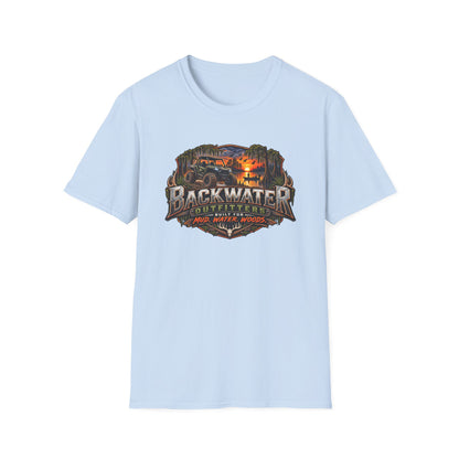 Backwater Outfitters Fishing T‑Shirt — "Raised on Backwater" Bass & Sunset Graphic Printify
