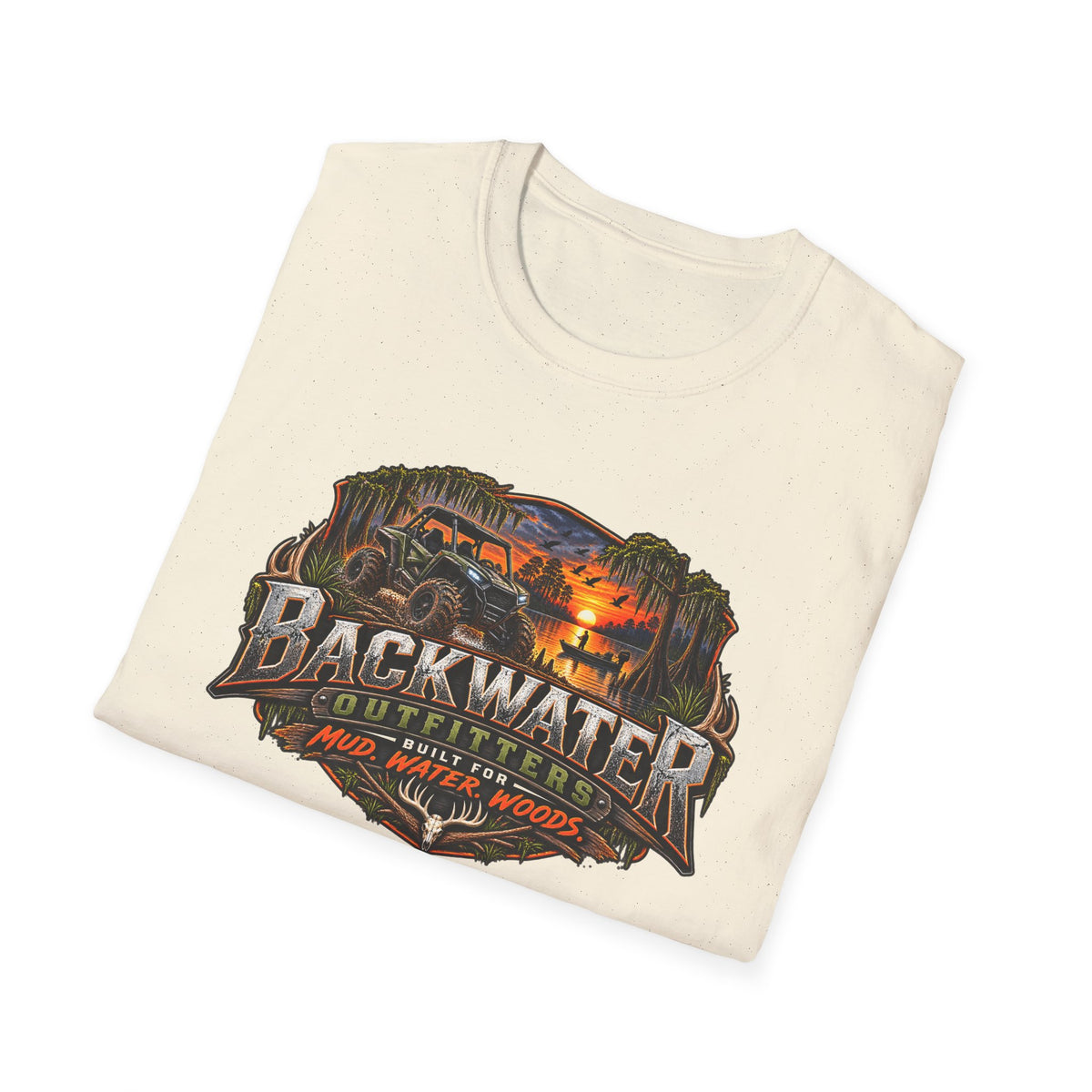Backwater Outfitters Fishing T‑Shirt — "Raised on Backwater" Bass & Sunset Graphic Printify