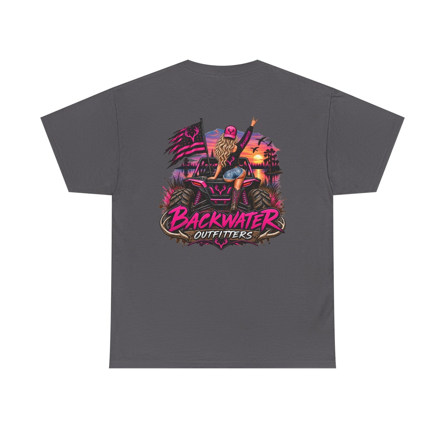 Backwater Outfitters Graphic Tee — Retro Sunset Fishing ATV Shirt