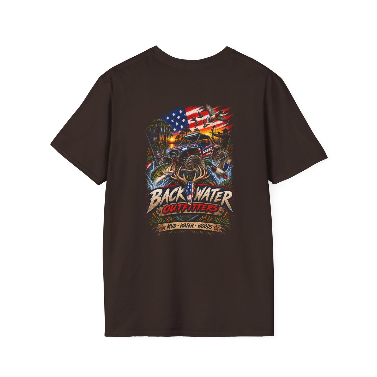 Backwater Bass Fishing T-Shirt — American Flag Boat Graphic Tee