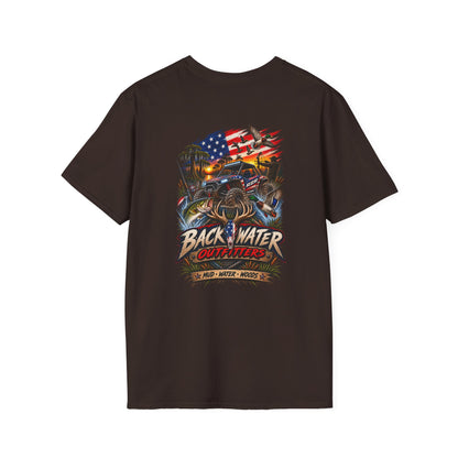 Backwater Bass Fishing T-Shirt — American Flag Boat Graphic Tee