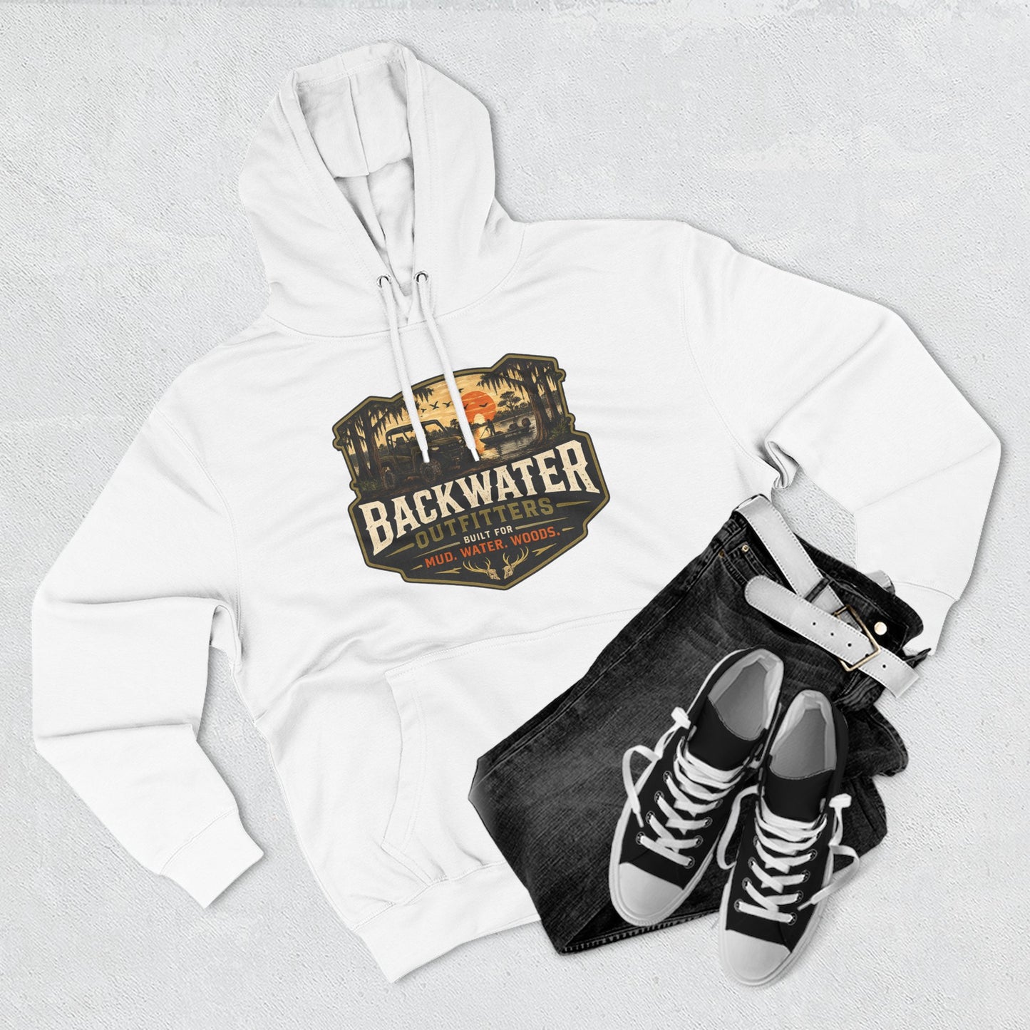 Backwater Outfitters Fishing Hoodie — “My Retirement Plan Has a Trolling Motor” Graphic