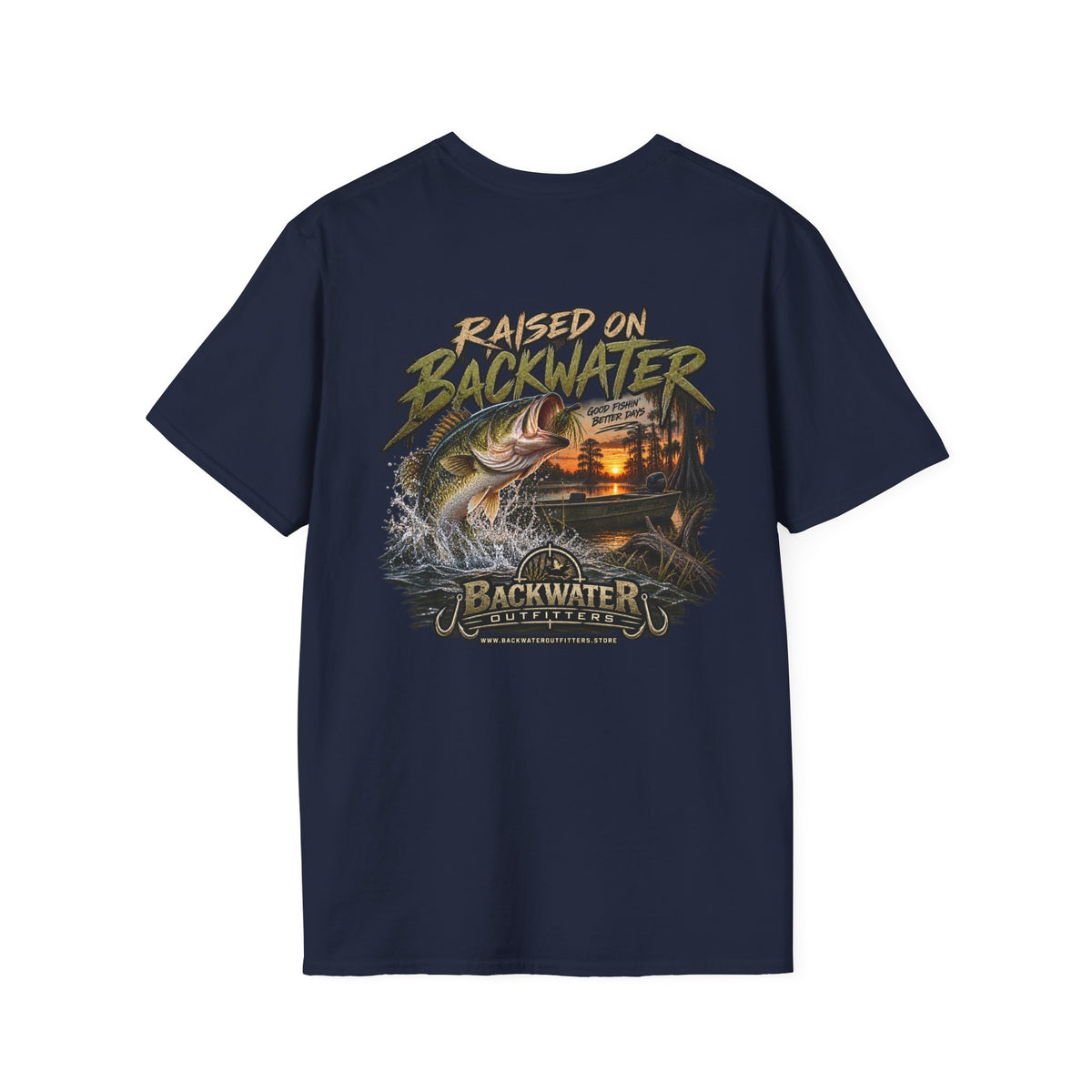 Backwater Outfitters Fishing T‑Shirt — "Raised on Backwater" Bass & Sunset Graphic Printify