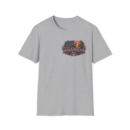 Backwater Outfitters Fishing T-Shirt — American Flag Bass Graphic