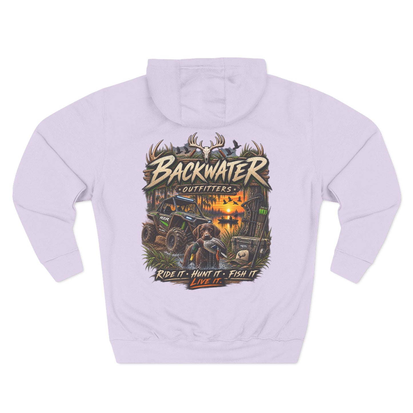 Backwater Outfitters Hoodie — Ride It, Hunt It, Fish It Graphic Pullover
