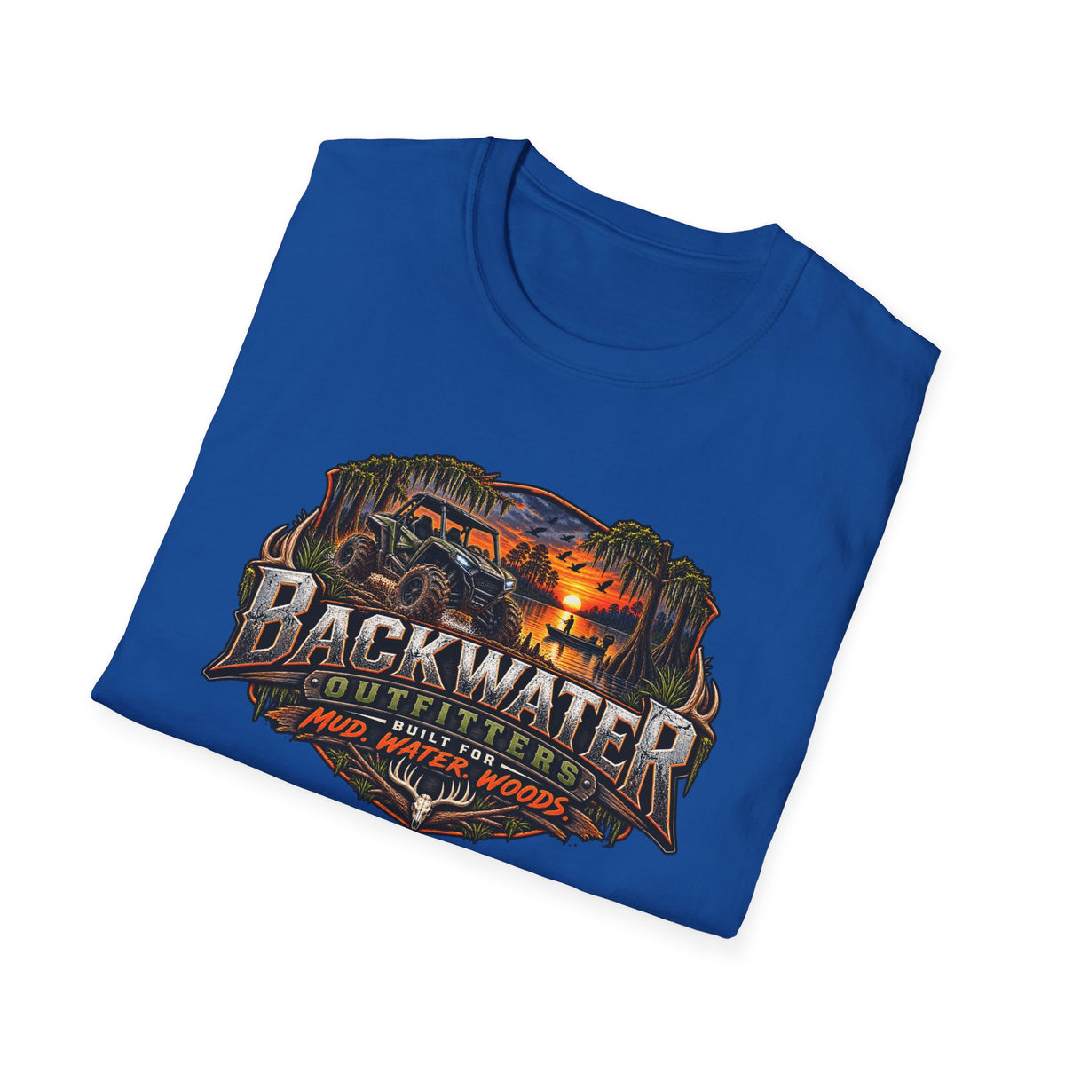 Backwater Outfitters Fishing T‑Shirt — "Raised on Backwater" Bass & Sunset Graphic Printify