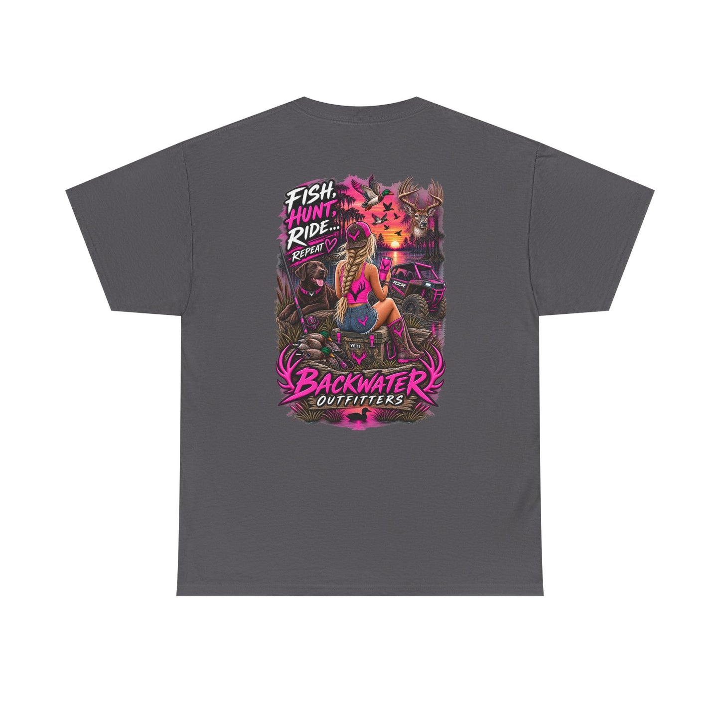 Backwater Outfitters Graphic Tee — "Fish Hunt Ride Repeat" Beach & Fishing Shirt