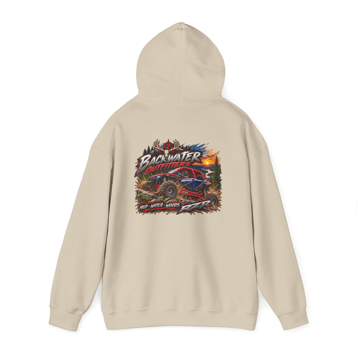 Backwater Outfitters Hoodie — American Flag Outdoor Fishing & Off-Road Pullover Printify