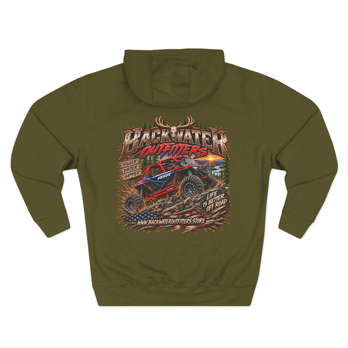Backwater Outfitters Off-Road Hoodie – American Flag & UTV Graphic Fleece Printify