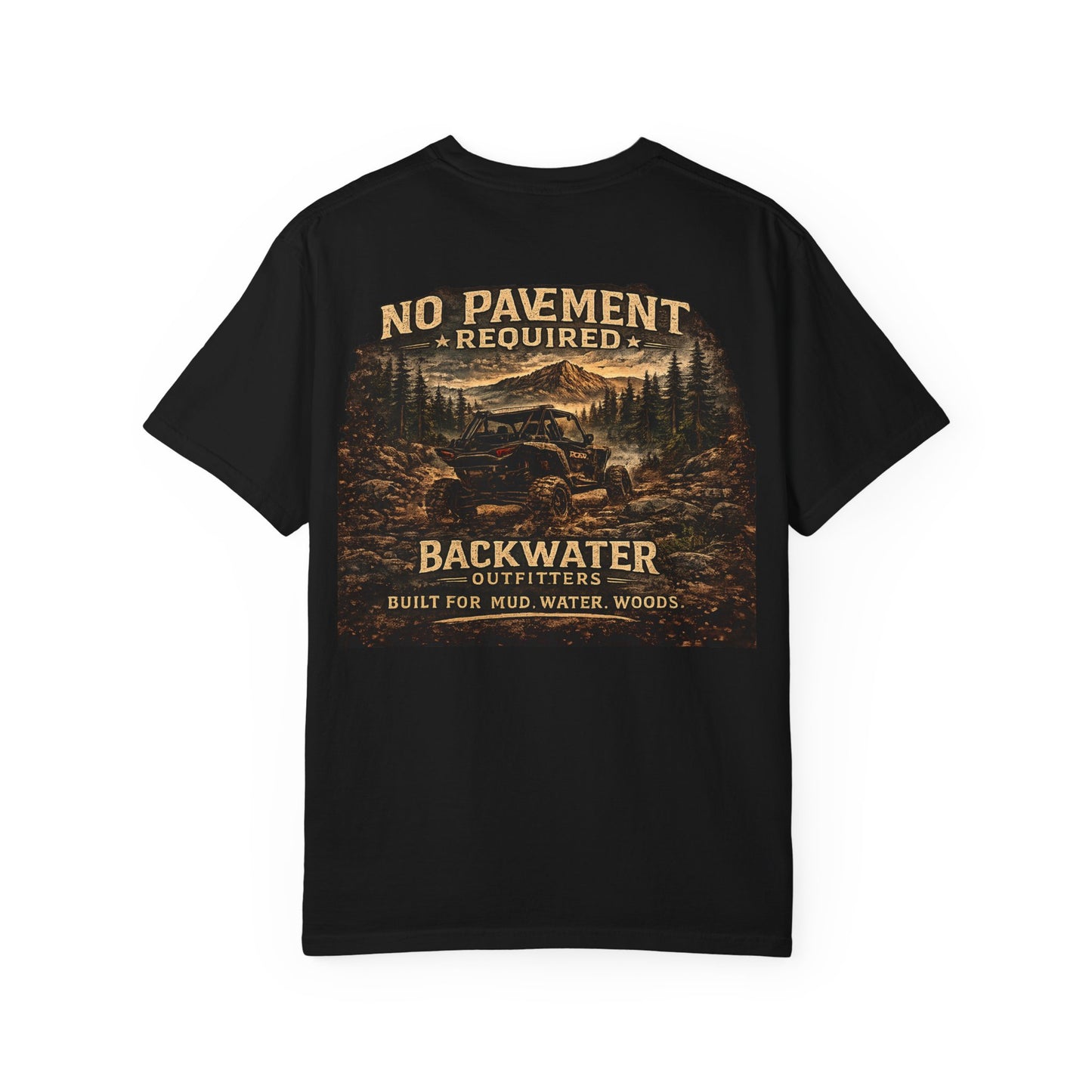 Backwater Outfitters T-Shirt — “No Pavement Required” Off-Road Adventure Tee