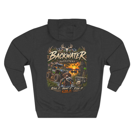 Backwater Outfitters Hoodie — 'Ride It • Hunt It • Fish It' Outdoor Pullover Printify
