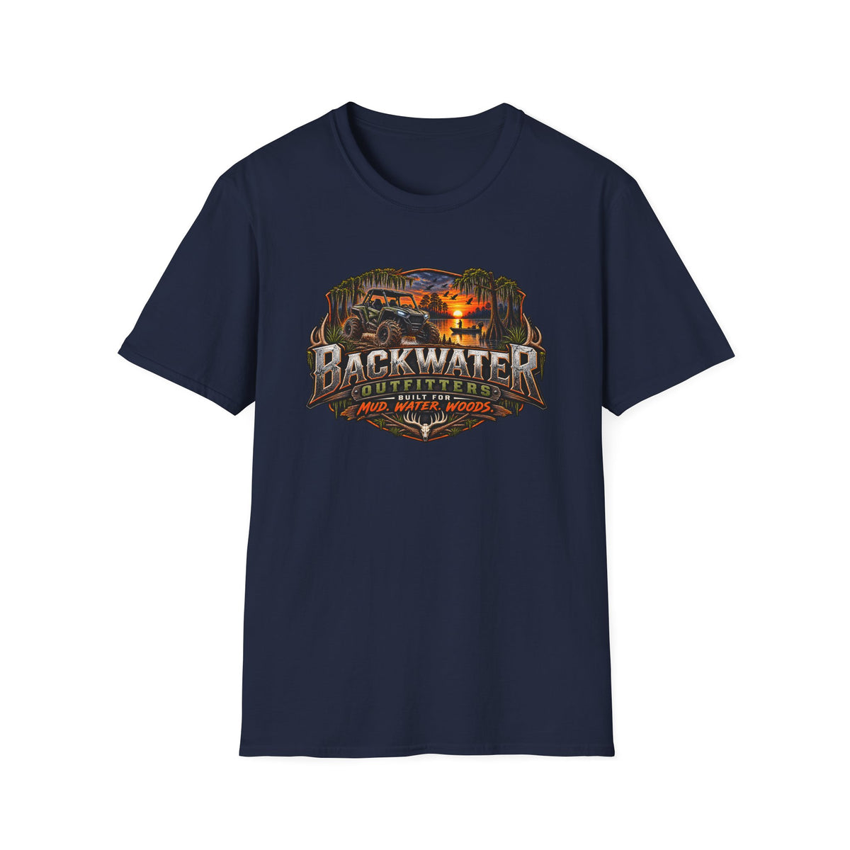 Backwater Outfitters Fishing T‑Shirt — "Raised on Backwater" Bass & Sunset Graphic Printify
