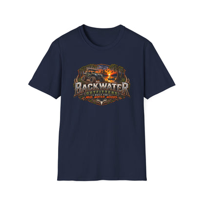 Backwater Outfitters Fishing T‑Shirt — "Raised on Backwater" Bass & Sunset Graphic Printify