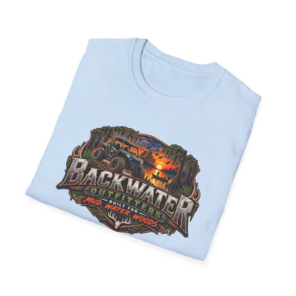 Backwater Outfitters Fishing T‑Shirt — "Raised on Backwater" Bass & Sunset Graphic Printify