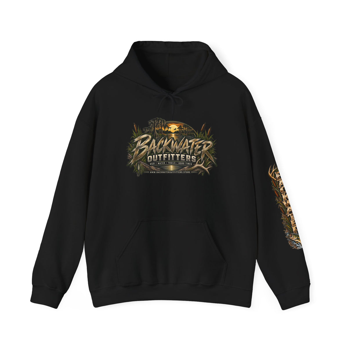 Simply Backwater Outfitters Hoodie — Outdoor Fishing Sunset Graphic Pullover Printify