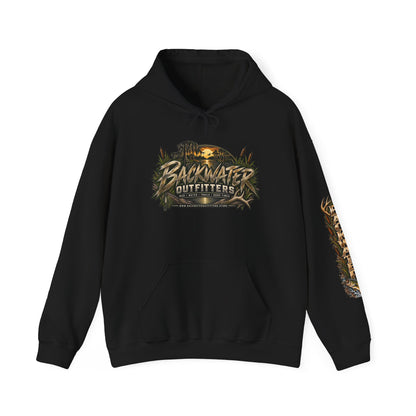 Simply Backwater Outfitters Hoodie — Outdoor Fishing Sunset Graphic Pullover Printify
