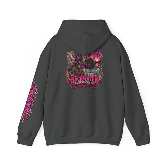 Girl Backwater Outfitters Graphic Hoodie — Retro Pink Skull & Swamp Logo Printify