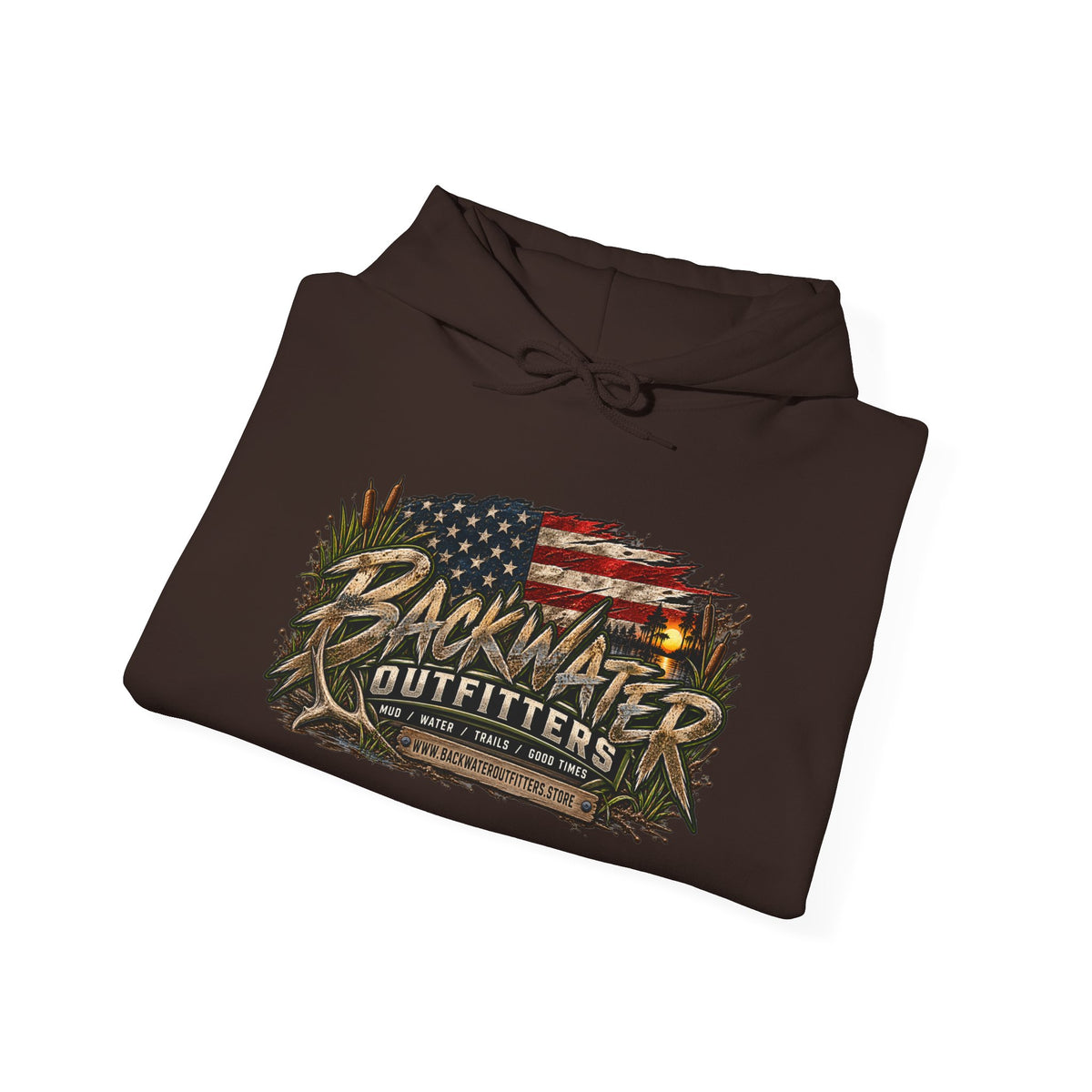 Backwater Outfitters Hoodie — American Flag Outdoor Fishing & Off-Road Pullover Printify
