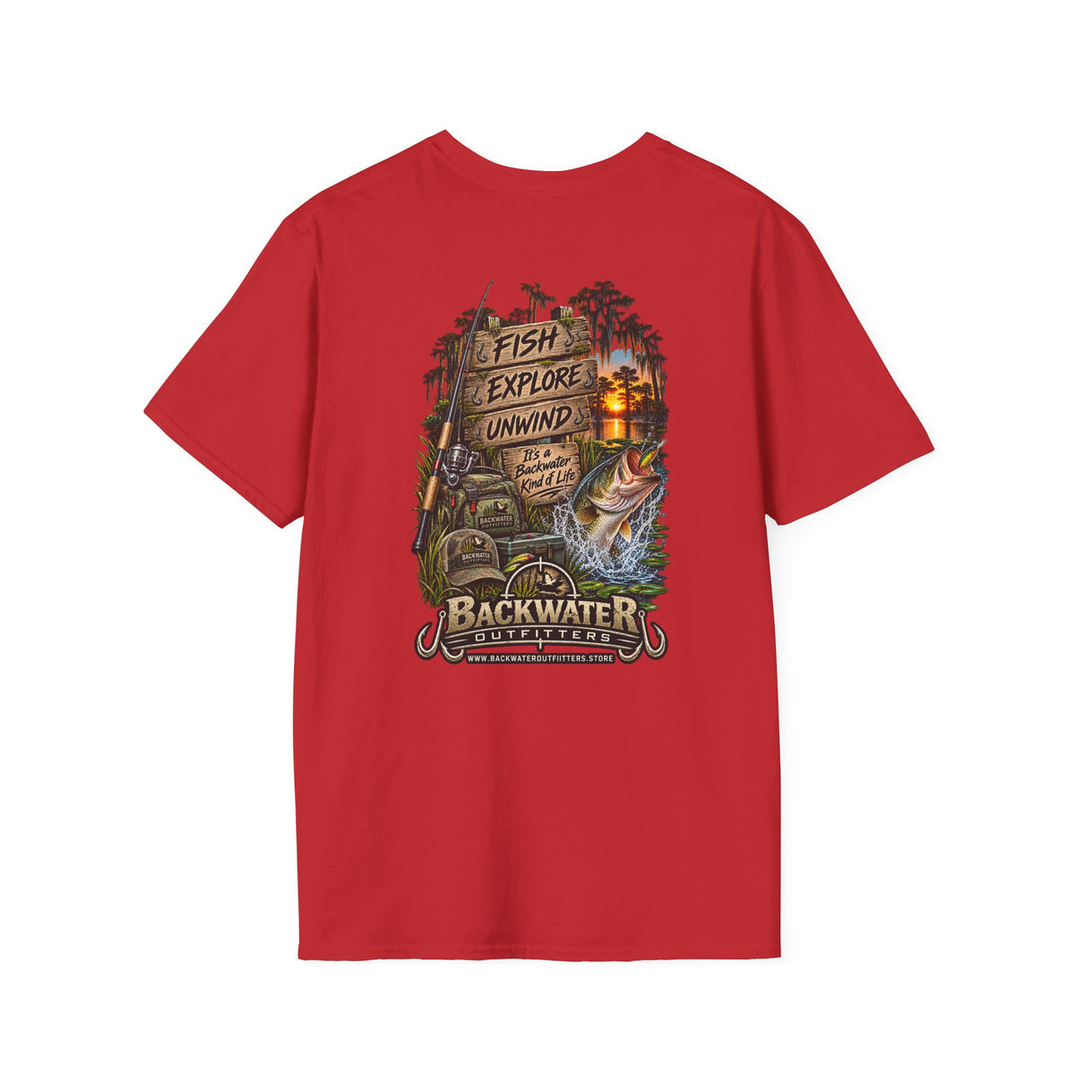 Backwater Fishing T-Shirt — "Fish Explore Unwind" Outdoor Angler Tee Printify