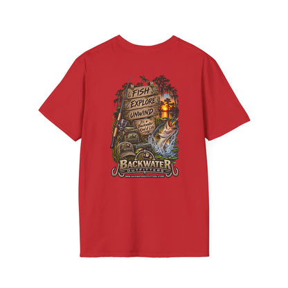 Backwater Fishing T-Shirt — "Fish Explore Unwind" Outdoor Angler Tee Printify