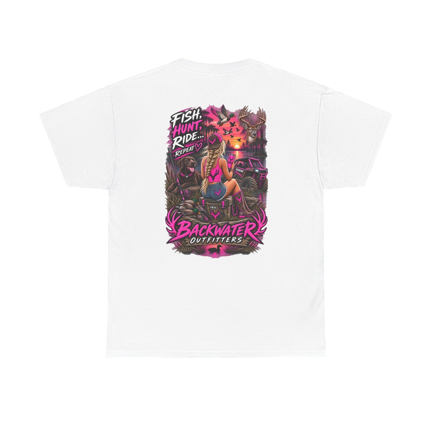 Backwater Outfitters Graphic Tee — "Fish Hunt Ride Repeat" Beach & Fishing Shirt