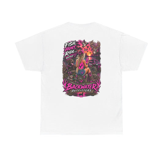 Backwater Outfitters Graphic Tee — "Fish Hunt Ride Repeat" Beach & Fishing Shirt Printify
