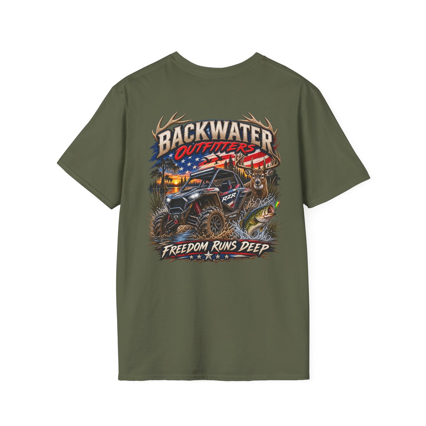 Backwater Outfitters Fishing T-Shirt — Rustic Boat & Campfire Graphic